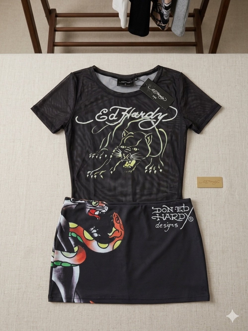 NWT Ed Hardy Black Mesh Top and Skirt Set with Multicolor Graphics Small .